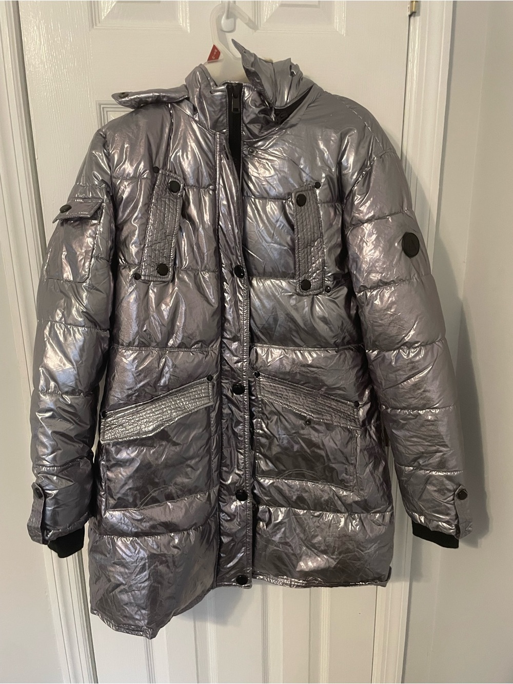 New With Tags Celsius Premium Metallic Silver Long Puffer Coat Size 1XL